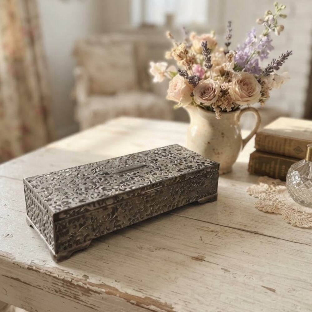 Vintage cottagecore shabby chic silverplated jewelry box